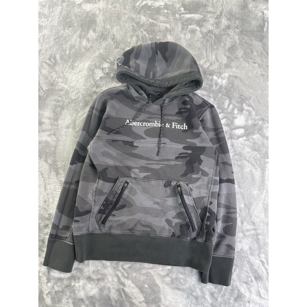 Abercrombie And Fitch Black And Gray Camouflage Hoodie Spell Out Graphic Y2K XS